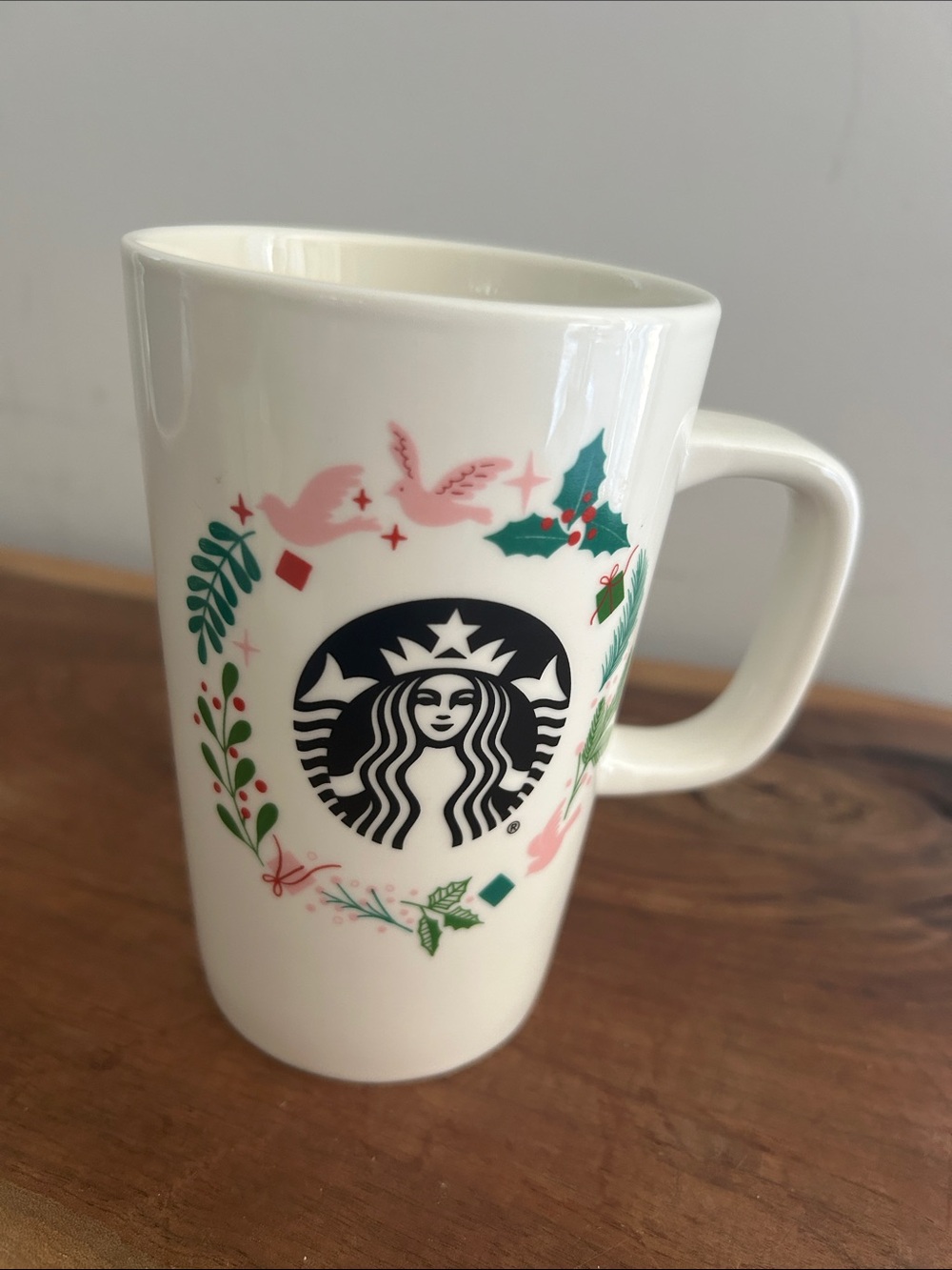 Starbucks Christmas Holiday Coffee Mug Cup Pink Doves Holly wreath 12 oz